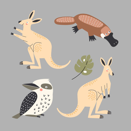 Set of vector illustrations of Australian animals in flat style: platypus, kangaroo and kookaburra bird.のイラスト素材