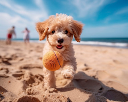 Cute little puppy playing with a ball on the beach. selective focus.の素材