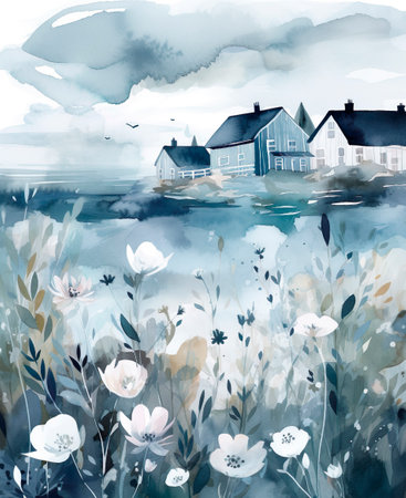 watercolor painting of house on the lake with blue sky and white flowersの素材
