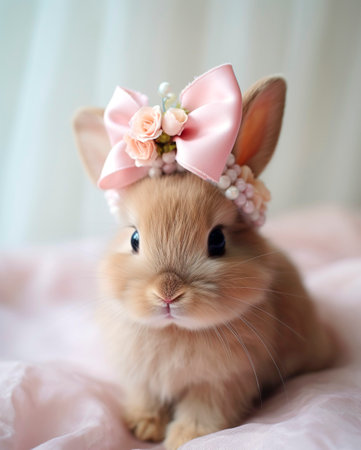 Cute little bunny with bow on head on light background, closeupの素材