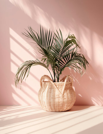 Palm plant in a wicker basket on a pink background.の素材
