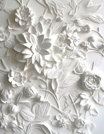 gypsum panel of white flowers on a white background, close-up photo.の素材