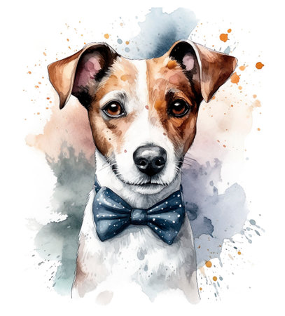 Portrait of Jack Russell Terrier with bow tie. Watercolor illustrationの素材