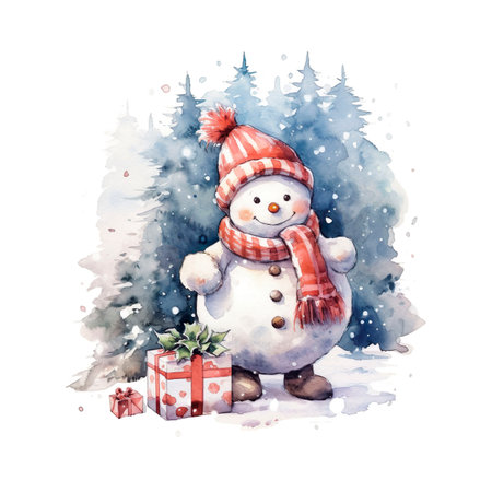 Watercolor illustration of a snowman with gift box in winter forestの素材