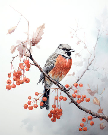 Winter bird bullfinch on a rowan branch. Watercolor painting.の素材