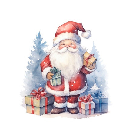 Watercolor illustration of Santa Claus with gift boxes on white background.の素材