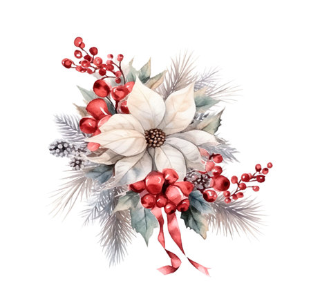 Watercolor Christmas bouquet with poinsettia, fir branches and berries. Hand painted illustration isolated on white backgroundの素材