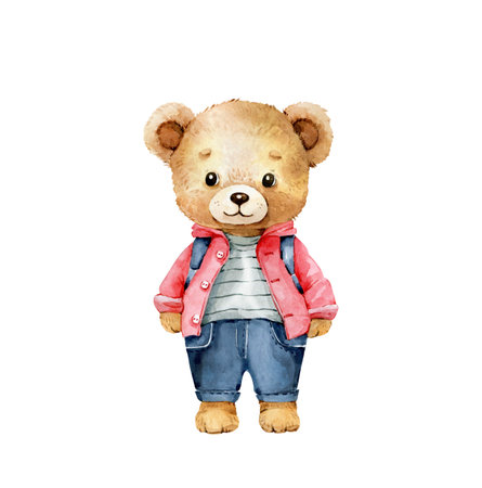 Cute cartoon teddy bear in clothes, watercolor illustration.の写真素材