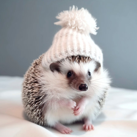 Cute little hedgehog in a winter hat on a white backgroundの素材