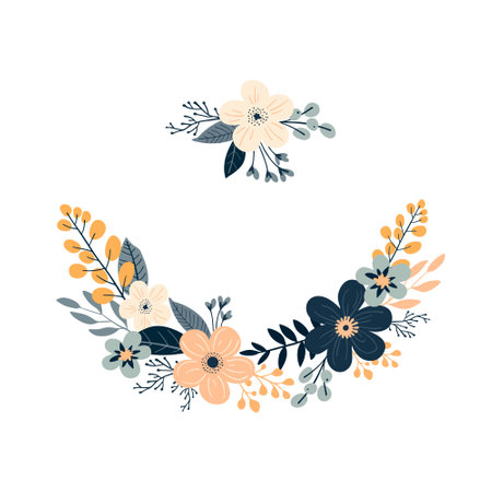 set of bouquets and wreaths with delicate vector flowers in flat style for wedding invitations and design.のイラスト素材