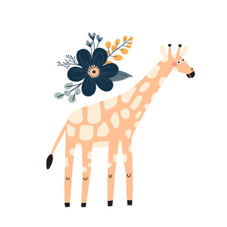 Cute giraffe with flowers. Vector illustration in cartoon style.のイラスト素材