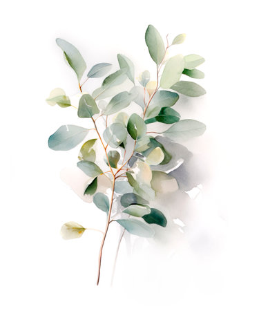 Eucalyptus branch with green leaves. Watercolor illustrationの素材
