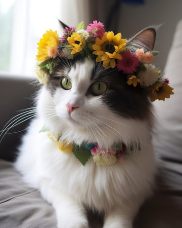 Cat with a wreath of flowers on her head and a green eyesの素材