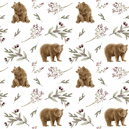 Seamless pattern with watercolor brown bear, eucalyptus branches, berries and leaves.の写真素材