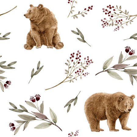 Seamless pattern with watercolor brown bear, eucalyptus branches, berries and leaves.の写真素材