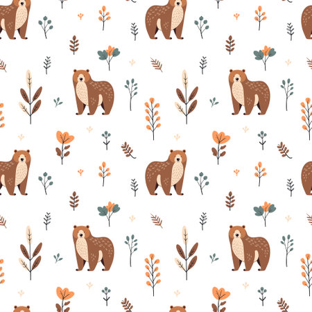 Seamless pattern with cute bear and forest elements. Vector illustration.のイラスト素材