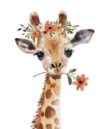 Watercolor cute giraffe with flowers. Hand painted illustration isolated on white backgroundの写真素材