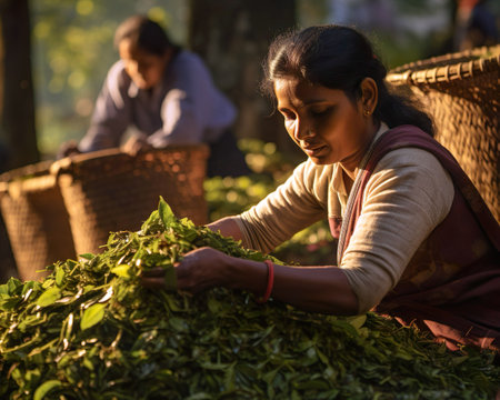 Unidentified woman picking tea leaves at the tea plantation.の素材