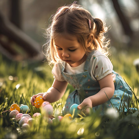 Cute little girl playing with Easter eggs in the garden on sunny spring dayの素材