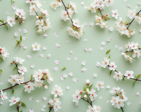 Beautiful cherry blossom flowers on green background, flat lay. Spring conceptの素材