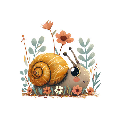 Cute cartoon snail with flowers. illustration on white background.の素材