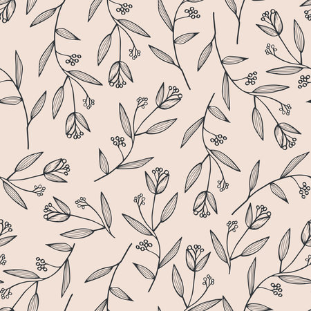Seamless pattern with hand drawn branches and flowers. Vector illustration.のイラスト素材