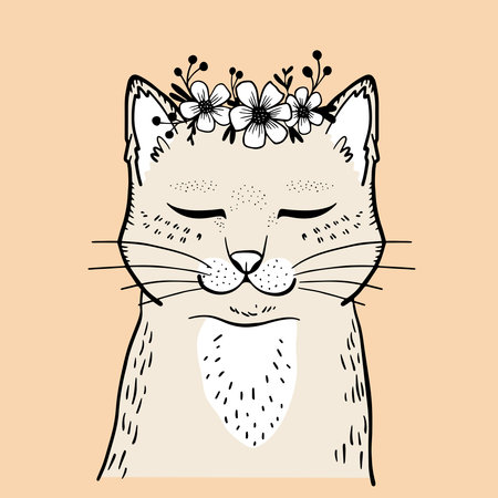 Cute hand drawn cat with flowers. Vector illustration in doodle style.のイラスト素材