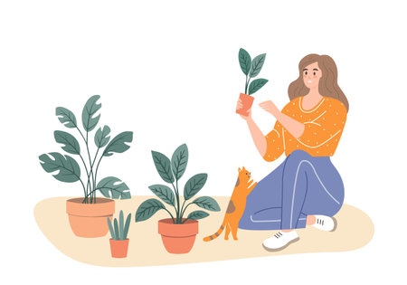 girl sitting on the floor with houseplants and cat, Flat vector illustration.のイラスト素材