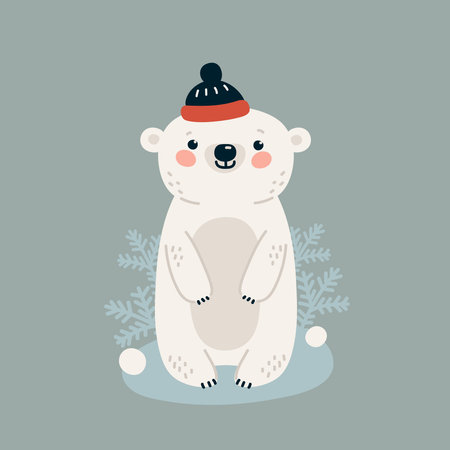 Cute white cartoon bear in hat, vector winter illustration in flat style.のイラスト素材