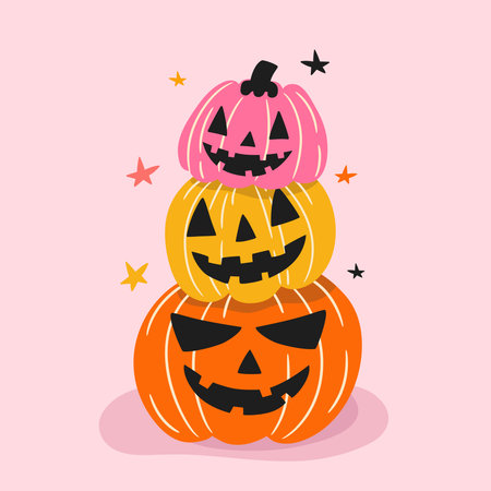 funny colorful pumpkins for Halloween, vector illustration in flat style on pink background.のイラスト素材