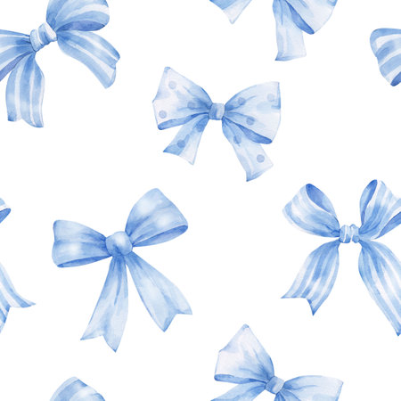 Seamless pattern with blue bows on white background. Watercolor illustration.の写真素材