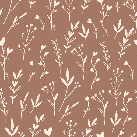 Seamless botanical pattern with delicate flowers, leaves and twigs on Mocha Mousse background. Flat vector illustrationのイラスト素材