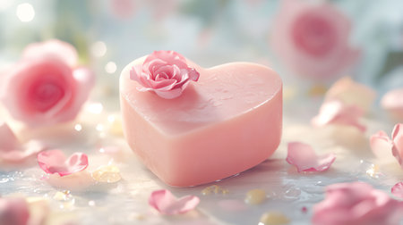 Delicate heart-shaped soap decorated with pink roses on a soft background for a romantic atmosphereの素材