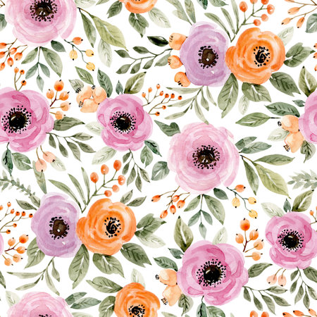 Seamless pattern with watercolor colorful bouquets of flowers. botanical hand painting on white background.の写真素材