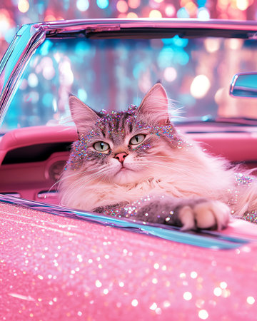 Glamorous cat relaxes in sparkling pink convertible with colorful lights in the backgroundの素材