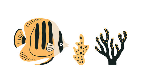 Set of tropical fish and corals, marine life. Vector illustration in flat styleのイラスト素材