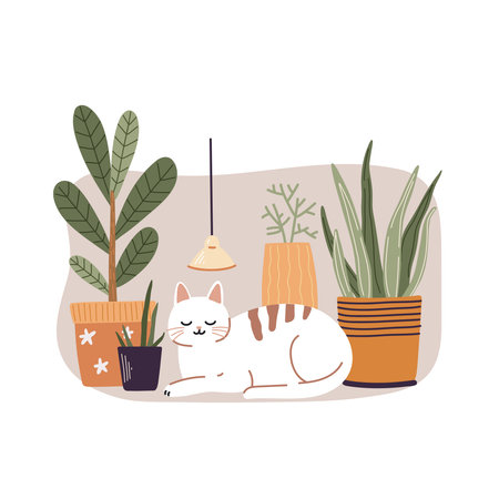 Cute cat lying in the room among potted houseplants. Vector illustration in flat styleのイラスト素材