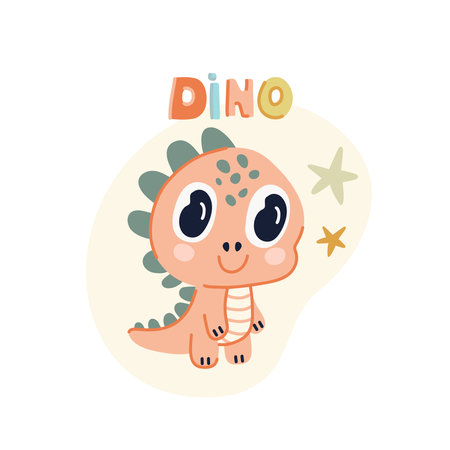 Cute pink baby dinosaur with lettering. Vector illustration in flat style.のイラスト素材