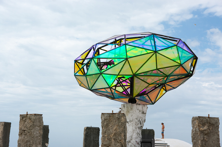 Popovka, Crimea, Russia - August 19, 2017: Decorative architectural art construction on beach. Ex fest Kazantip.のeditorial素材