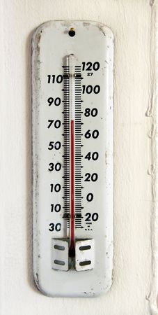vintage white enamel outdoor thermometer on the wallの写真素材