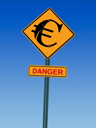 conceptual sign with euro symbol and danger warning over blue skyの写真素材