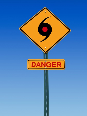 road sign with tornado icon and danger warning over skyの写真素材