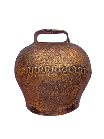 vintage brass cowbell over whiteの写真素材