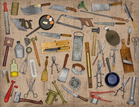 vintage kitchen utensils collage over old paperの写真素材