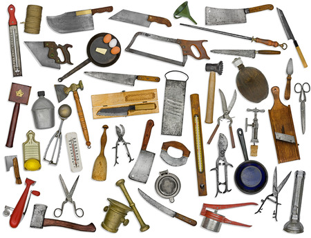 vintage kitchen utensils collage over white backgroundの写真素材