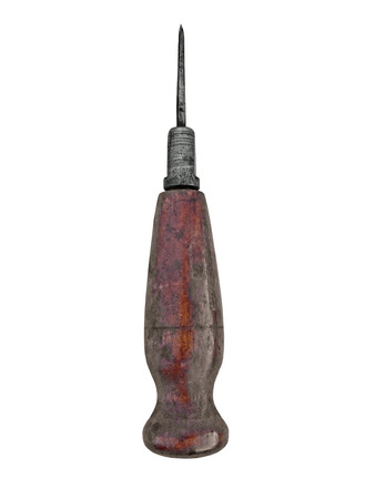 vintage 19 century rusty awl with wooden handle over white, clipping pathの写真素材