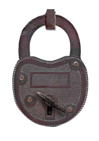 vintage padlock with key over white background, clipping path, space for your nameの写真素材