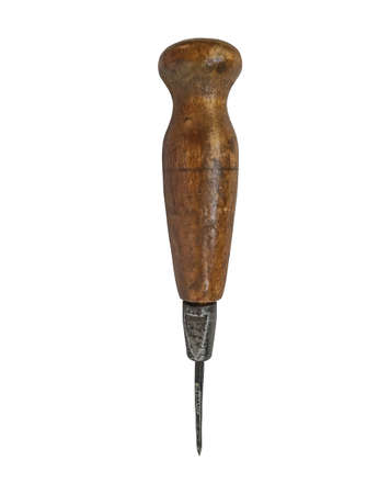 vintage rusty shoemaker awl with wooden handle over whiteの写真素材