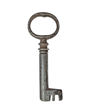 vintage rusty cabinet lock key over white, clipping pathの写真素材