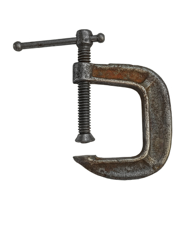 vintage rusty clamp isolated over white backgroundの写真素材